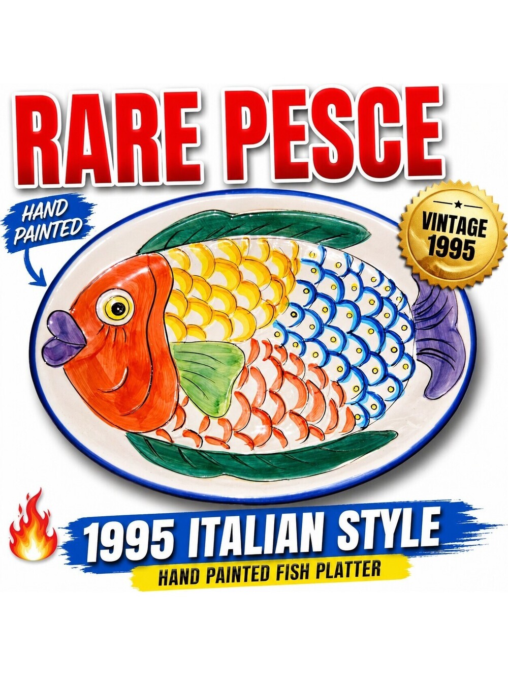 Pesce Fish Platter 1995 Tabletops Unlimited Hand Painted Ceramic Serving Dish...